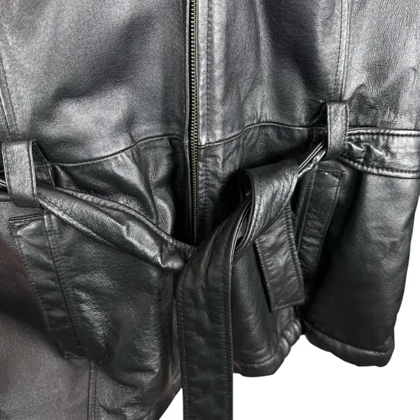 PELLE Black Genuine Leather Hooded Belted Faux Fur Lined Full Zip Jacket‎ Size L - Image 4