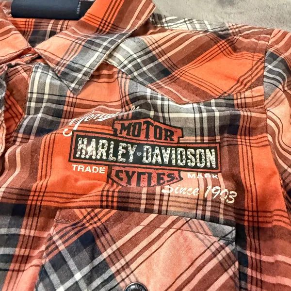 Harley Davidson Plaid Short Slv Snap Button Shirt S Orange Black Biker Western - Image 11