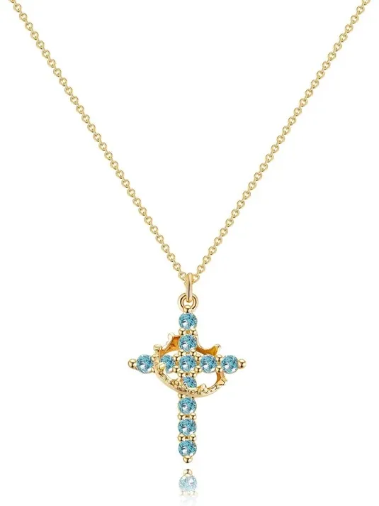 Gold-Tone Cross Pendant Necklace with Blue Crystal Accents - Image 3