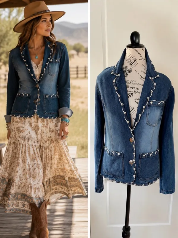 Vintage New Identity Denim Jacket Boho Lace Trim Button Front Cotton India~ M💛 Blue Size M - Image 2