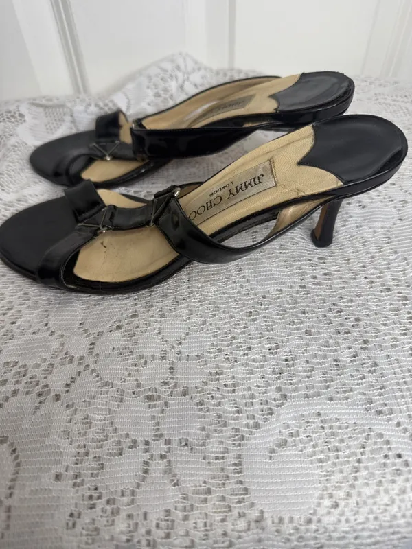 Jimmy Choo Black Patent leather high Heel Slide Sandal Sz 6 - Image 5