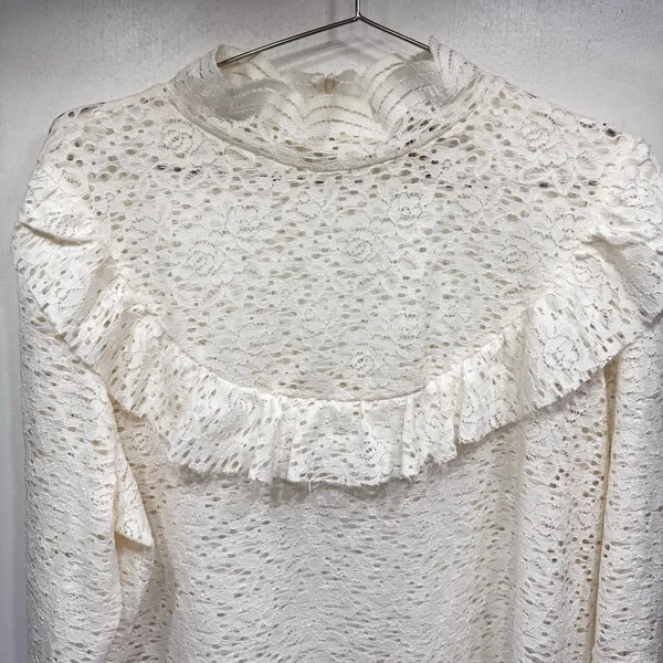 Y2K 90s Ivory Lace Mock Neck Ruffle Top Victorian Boho Vintage Arizona Jeans XXL - Image 7
