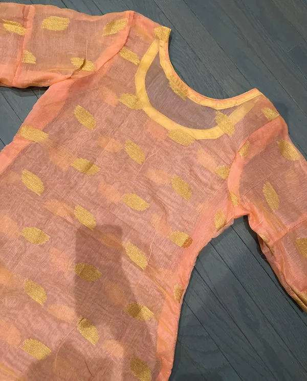 Indian Pakistani New Light Peach & Gold Organza Cotton Blend Stitched 2pc Suit - Image 5