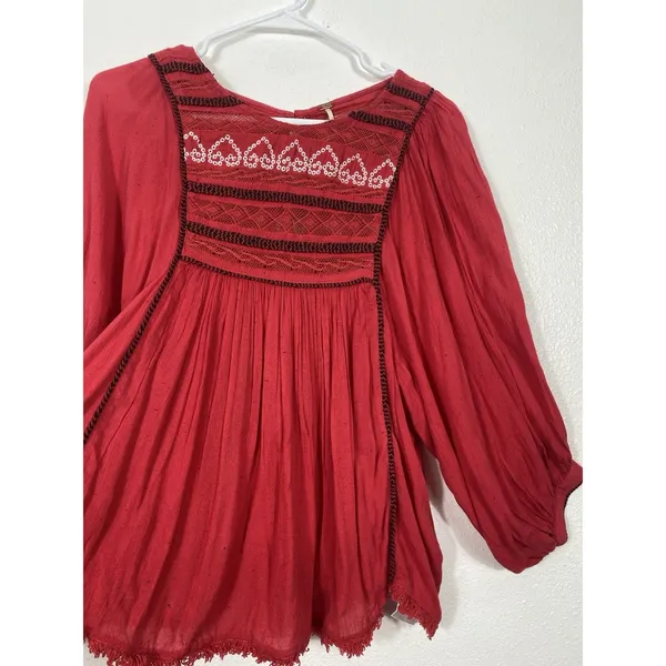 Free People Red Boho Embroidered Lace Peasant Top Women’s Size S/p - Image 5