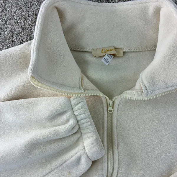 Qinsen Fleece Cropped Jacket‎ Pullover Women's Size Small Cream Y2K Drawstring - Image 2