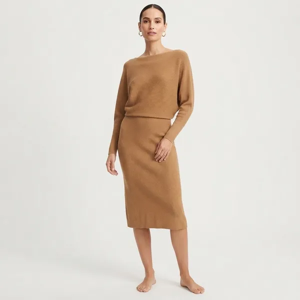 Banana Republic Camel Brown Boat Neck Ribbed Knit Midi Sweater Dress NWT Size L - Image 12