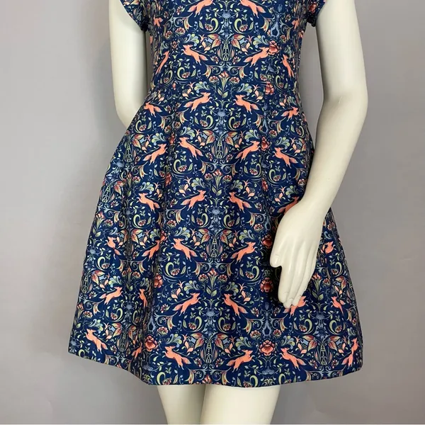 Pink Martini Dress Fox Print Blue Floral A-Line Lined‎ Small Women Cap Sleeves - Image 9