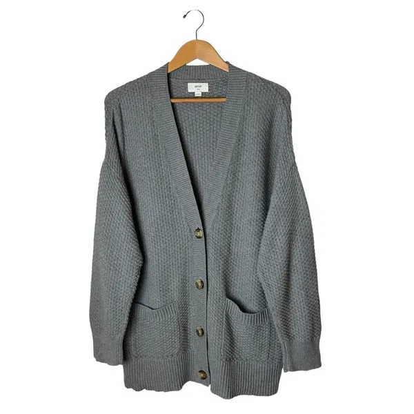 Aerie Varsity Sweater Women Medium Grey Cotton Waffle Knit Button Front Cardigan - Image 2