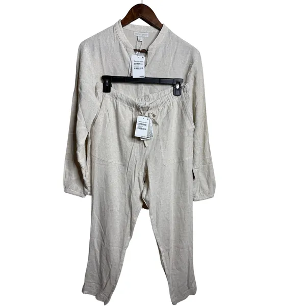 Barefoot Dreams Linen Blend Blouse & Pants Set size S NWT He Bisque - Image 2