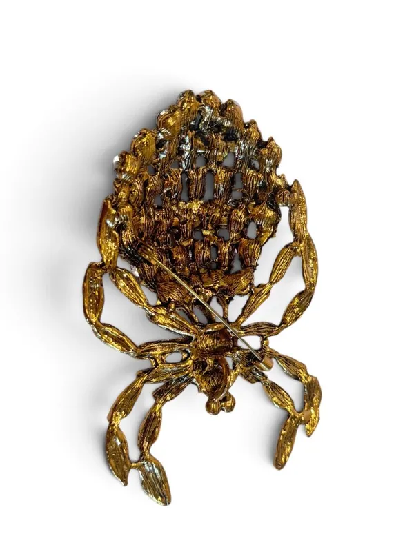 Large Spider Brooch Purple Amber Black Rhinestone Beaded Statement Pin Gold - Image 2