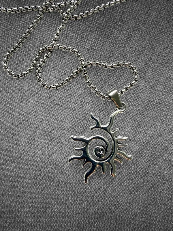 Silver Tone Tribal Sun Spiral Pendant Necklace 20 Inch Chain - Image 2