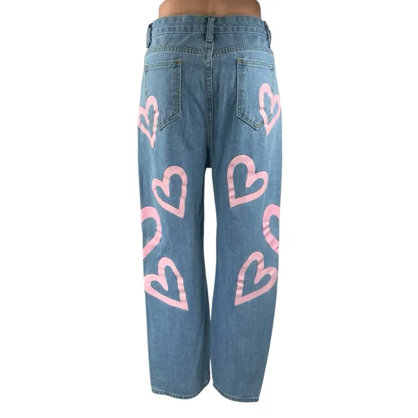 Colorful Natalie Blue Pink Hearts High Waisted Baggy Wide Leg Denim Jeans Size L - Image 3