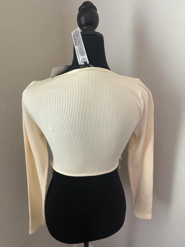 ZARA Long Sleeve Crop Top w/ Beaded Fringe - Image 2