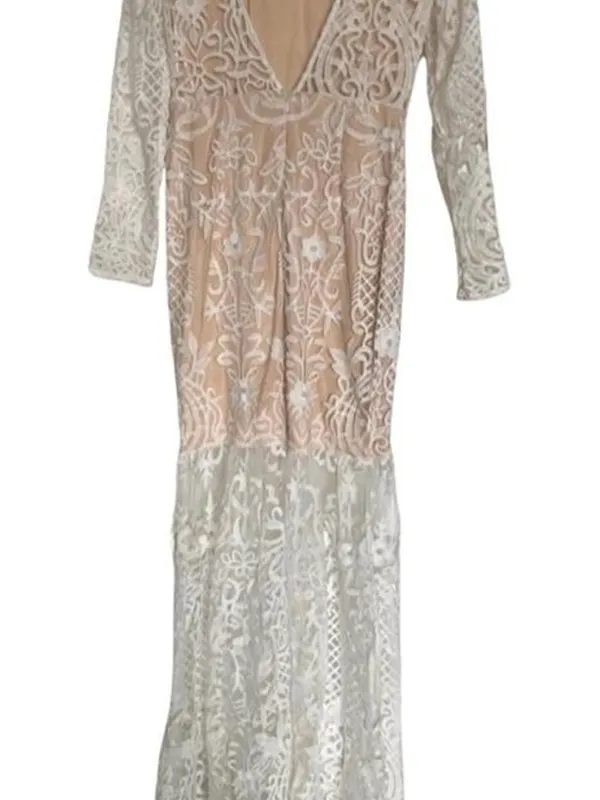 Elegant Ivory White & Nude Embroidered Lace Bohemian Dress With Rhinestone Belt - Image 8
