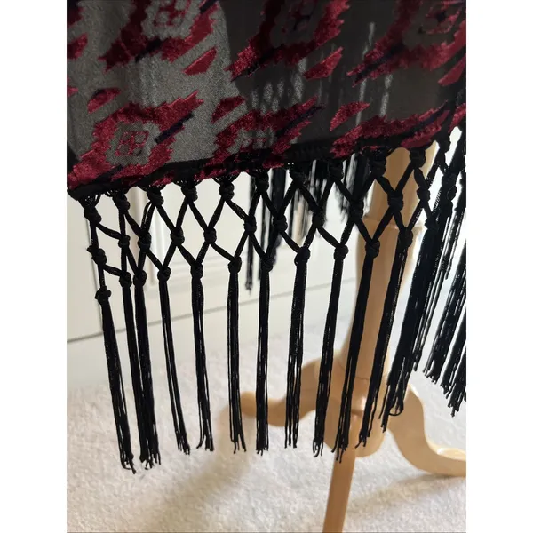 ASTR Velvet Burnout Fringe Cardigan Kimono Western Aztec Burgundy Black Gypsy - Image 3