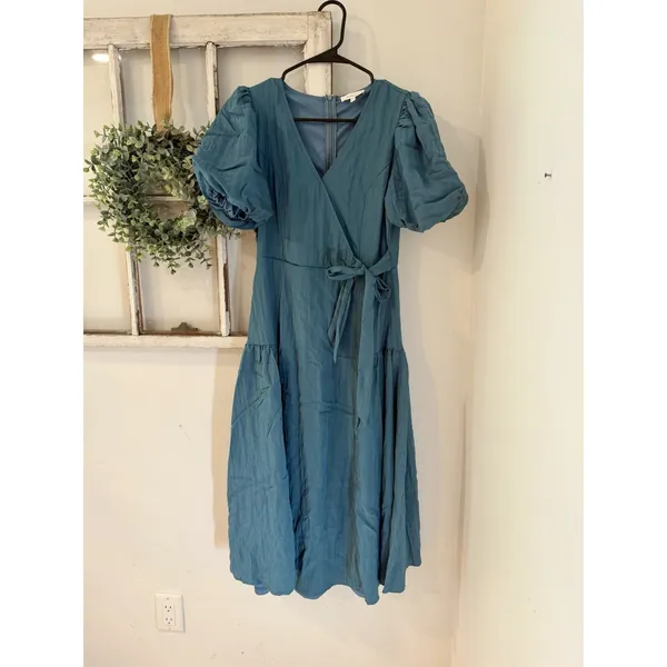 böhme Blue Solid V-Neck Wrap Midi Dress Puff Sleeve Tie Waist Lined Size XS - Image 2
