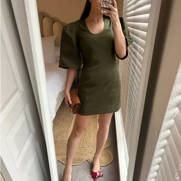 Tuckernuck Ariella Mini Dress XS Olive Green Twill Puff Sleeve Utility NWT - Image 10