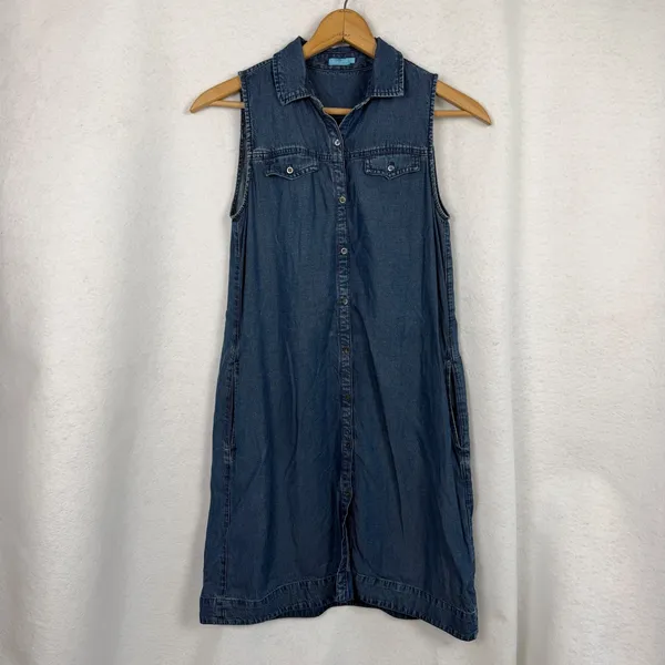 J.McLaughlin Denim Shirt Dress Womens Small Sleeveless Lyocell Linen Blend Blue‎ - Image 7