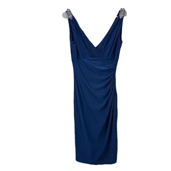 Ralph Lauren Navy Blue Ruched Sleeveless Rhinestone Stretch‎ Sheath Dress Size 4 - Image 2