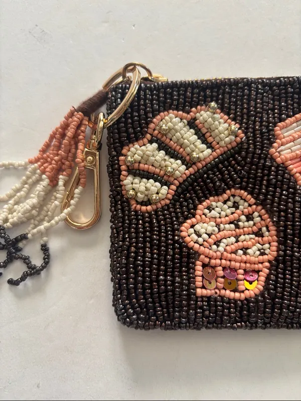 Source Unknown BROWN AND PINK BEADED MINI BAG OR COIN PURSE 5” X 4” HAS BEADED TASSEL ZIP PULL - Image 4