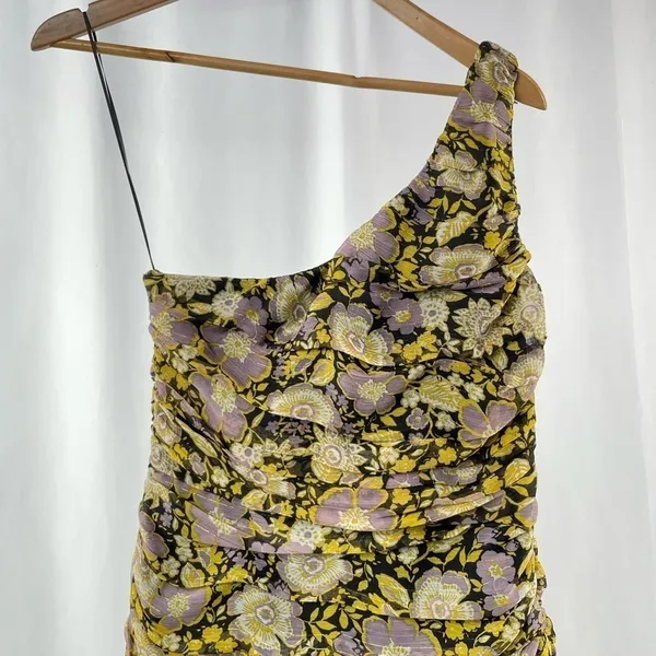 NWT Zara One Shoulder Metallic Floral Mini‎ Dress in Purple Gold Size Medium - Image 5