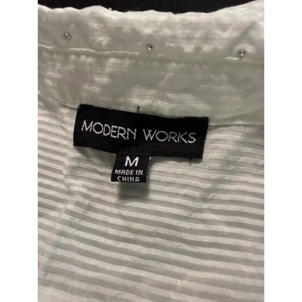 Modern Works White‎ Striped rhinestone Short Puff Sleeve Button Down Blouse - Image 2