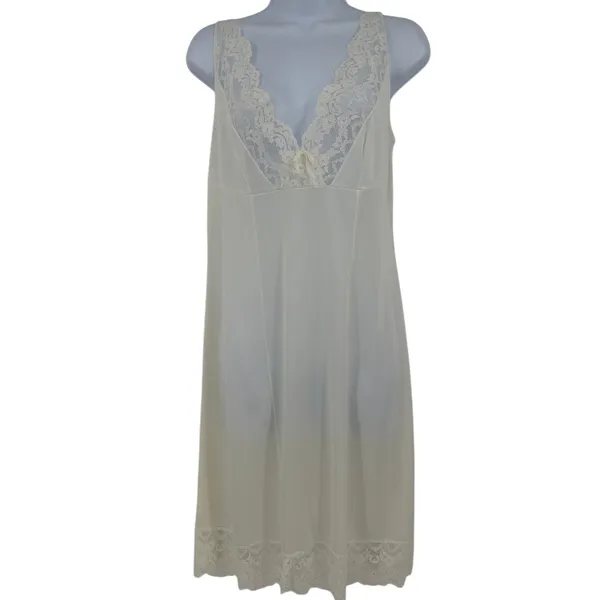 Vtg Lingerie Ivory Lace Trim Slip Dress Sz M Nightgown Coquette Fairy Cottage - Image 2