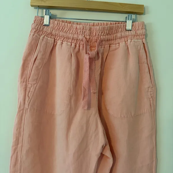 ZARA Linen Blend Smocked Waist Raw Hem Straight Leg Trousers Peach Womens Size M - Image 3