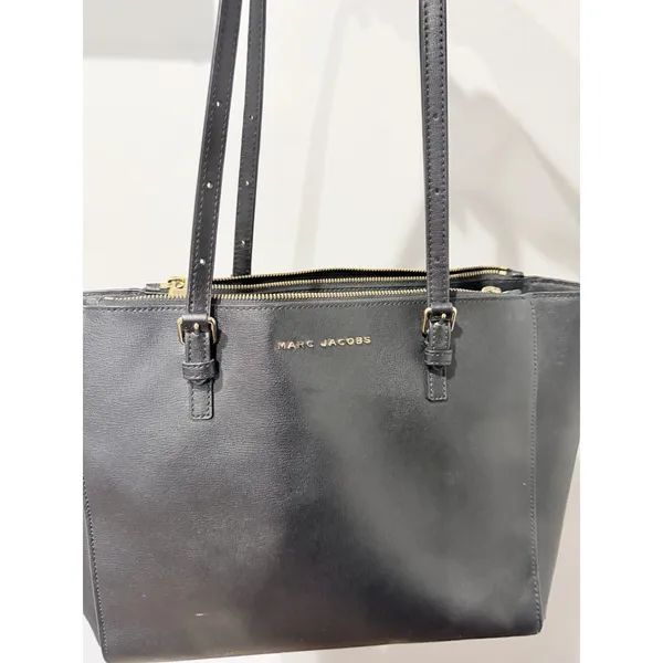 Marc Jacobs Commuter Leather Shoulder Tote Bag Black‎ Gold-Tone Logo Pockets F - Image 2