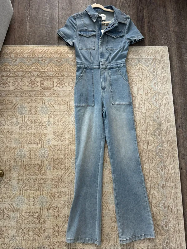 Signature 8 Light Blue Denim Jumpsuit Overalls - Women's Short Sleeve - Image 2