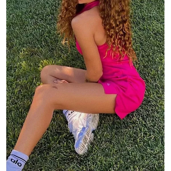 Alo Charmed Tennis Dress Magenta Crush Button-Up V-Neck Sleeveless Henley Mini L - Image 8