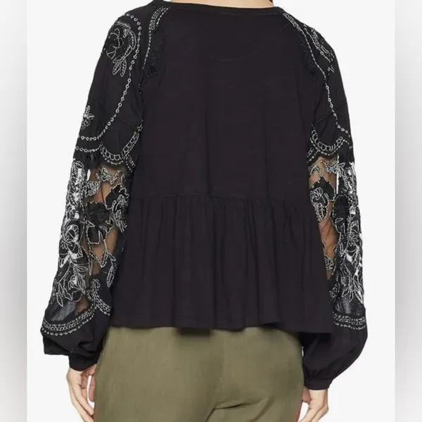 Free People embellished penny black long sleeve sheer sleeve detail top tee - Image 2