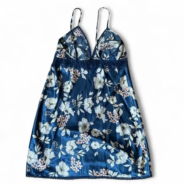 Adore Me Navy Floral Lace Trim Cami Slip Nightgown‎ Mini Dress Size M - Image 2