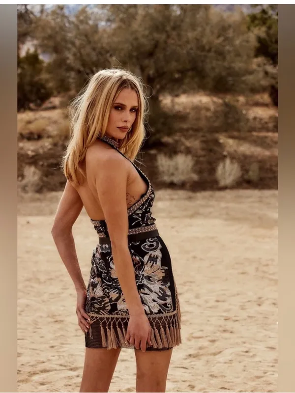 12th Tribe Like Gold Dust Fringe Mini Dress Large Black Sequin Festival Western - Image 3