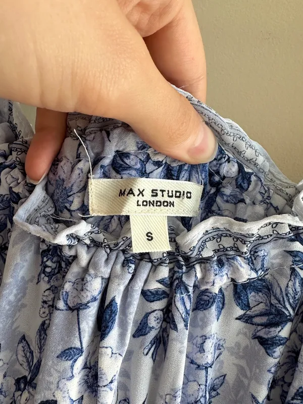 Max Studio Ruffle Cap Sleeve Tiered Maxi Dress, Light Blue Floral, Size Small - Image 10