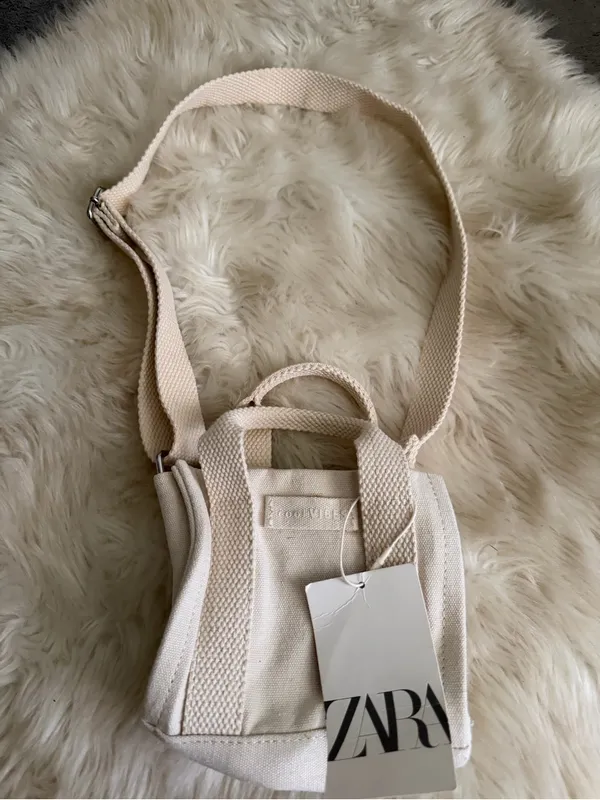 ZARA Cream Canvas Mini Crossbody Tote - Image 3