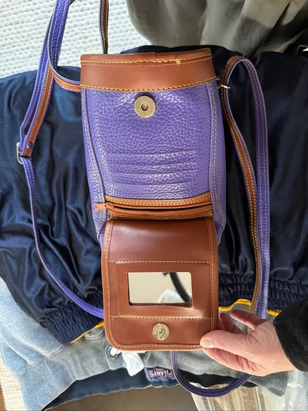 Vintage 80s Carina Intl Inc Waterproof Leather Purple Tan Golf Bag Backpack Nove - Image 7