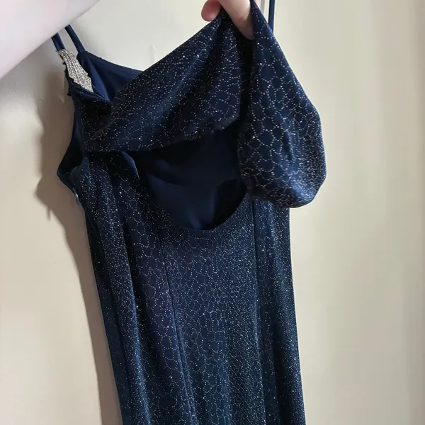 Bari Jay Vintage Formal Cowl Back Maxi Dress 7-8 Navy Women Glitter Rhinestone - Image 7
