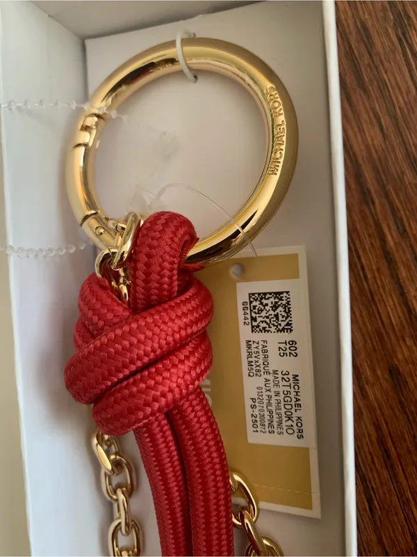 MICHAEL KORS Goldstone & Cord Bag Charm Gold logo Quick Release Ring New in box - Image 4
