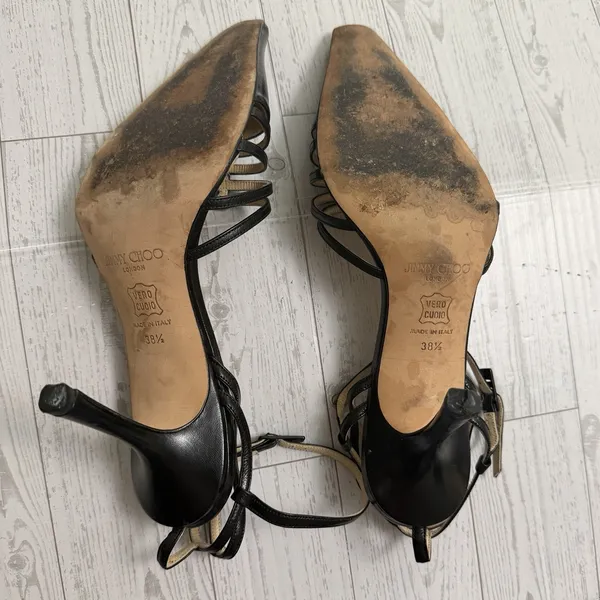 00s Y2k‎ JIMMY CHOO Black Strappy Cut Out Pointed Toe Stiletto Heeled Shoes 38.5 - Image 12