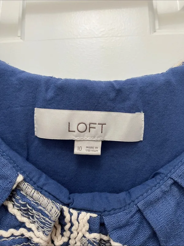 Loft Blue w/ Creme Floral Embroidered Ruffle Neckline Mini Dress - Size 10 - Image 13