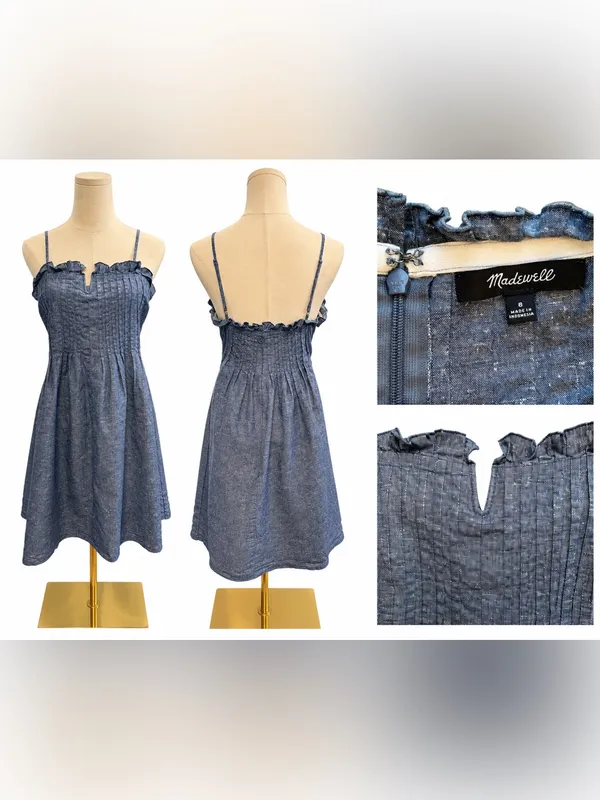 Madewell Denim Look Ruffle Trim Sundress Blue Chambray Mini Dress Size 8 - Image 3