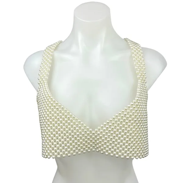 Pearl Chain Beaded Women's White V Neck Sleeveless Cami Crop Top Size S / M - Image 6