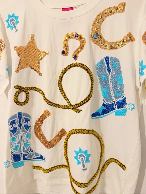 NEW Queen of Sparkles Cowgirl Icon Tee Sequin Blue White Size Small * - Image 3
