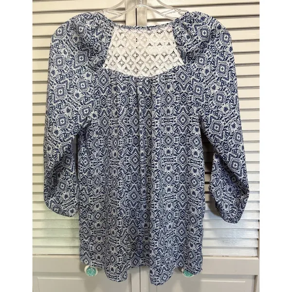 Rewind Floral Roll Tab Sleeve Chiffon Blouse Crochet Tie Neck‎ Size M Blue/White - Image 5