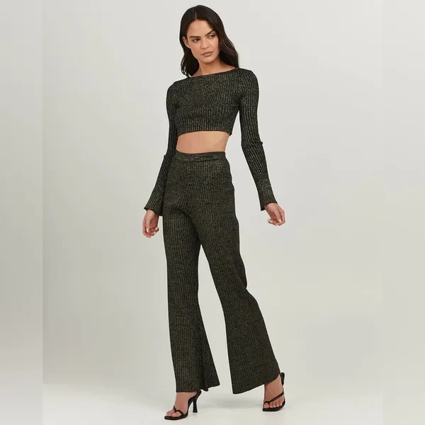 Charlie Holiday Kiara Black Lurex Rib Knit Sweater Long Sleeve Crop Top - Image 3
