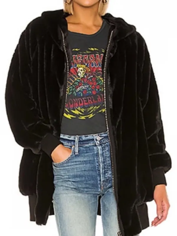 Free People Black Faux Fur Hooded Zip Jacket - Image 3