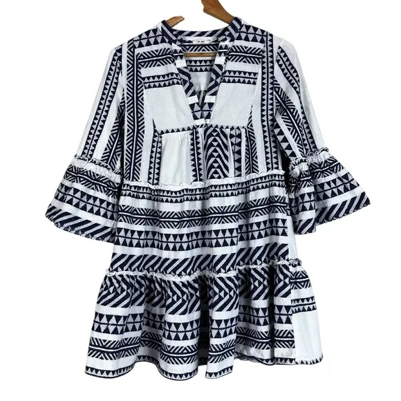 Mi Ami White Blue 100% Cotton Textured 3/4 Sleeve Tiered Mini Dress - Image 2