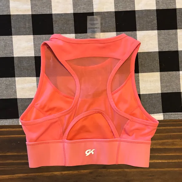 Gk as adult small Neon Coral Racerback Sports Bra - Image 3