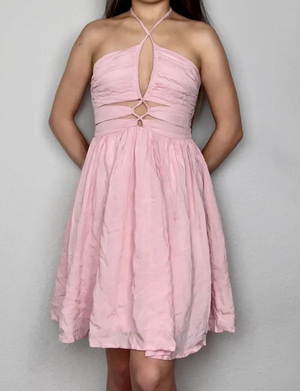 Lookbook Store Light Rose Pink Criss-Cross Cutout Front Sleeveless Halter Dress - Image 3